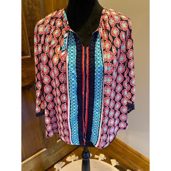 crown & ivy Tops - Crown & Ivy Boho Peasant Petite Large‎ Navy Red Patterened Top Blouse Casual